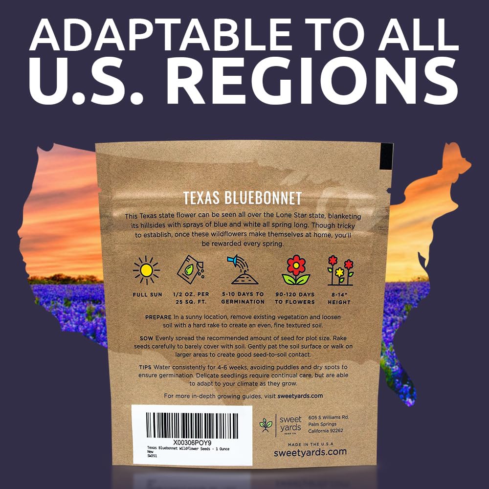 Sweet Yards Texas Bluebonnet seeds promoting bee-friendly garden