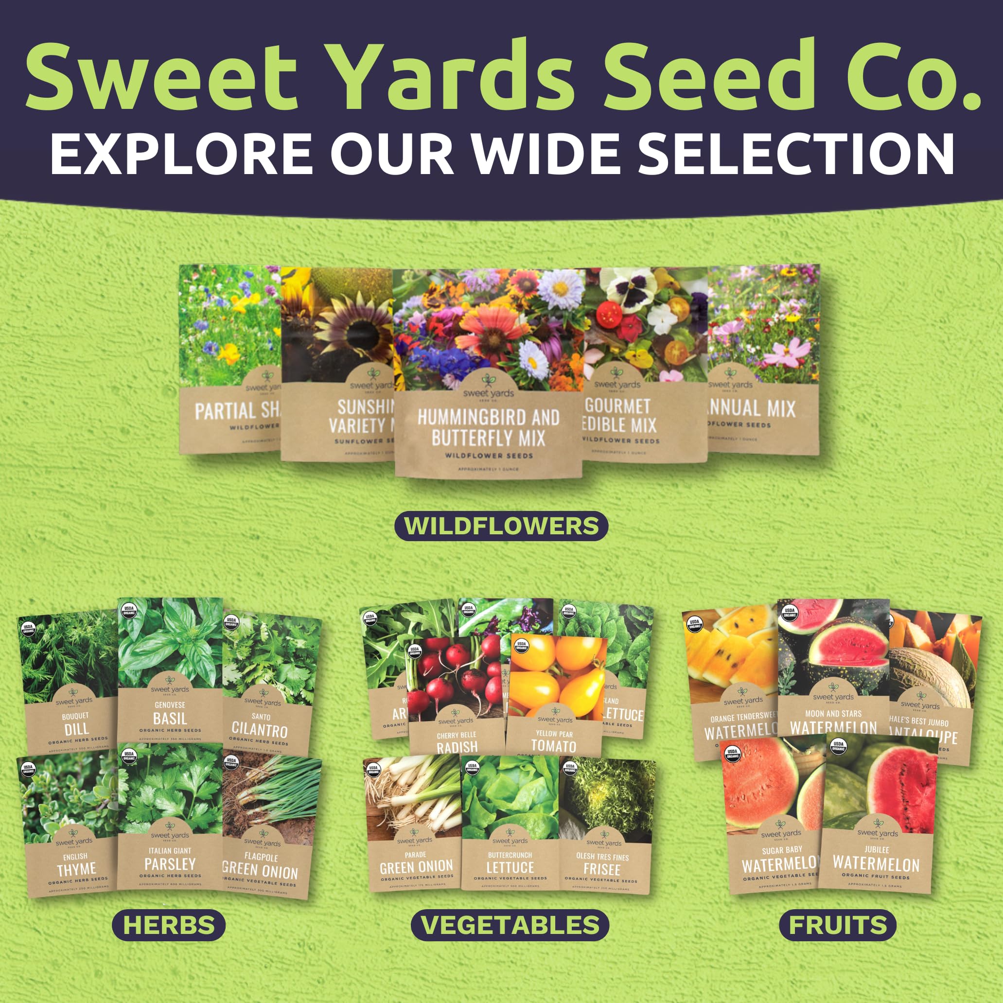 SWEET YARDS White Dutch Clover packaging, premium seed packaging with reusable zipper and planting guide.