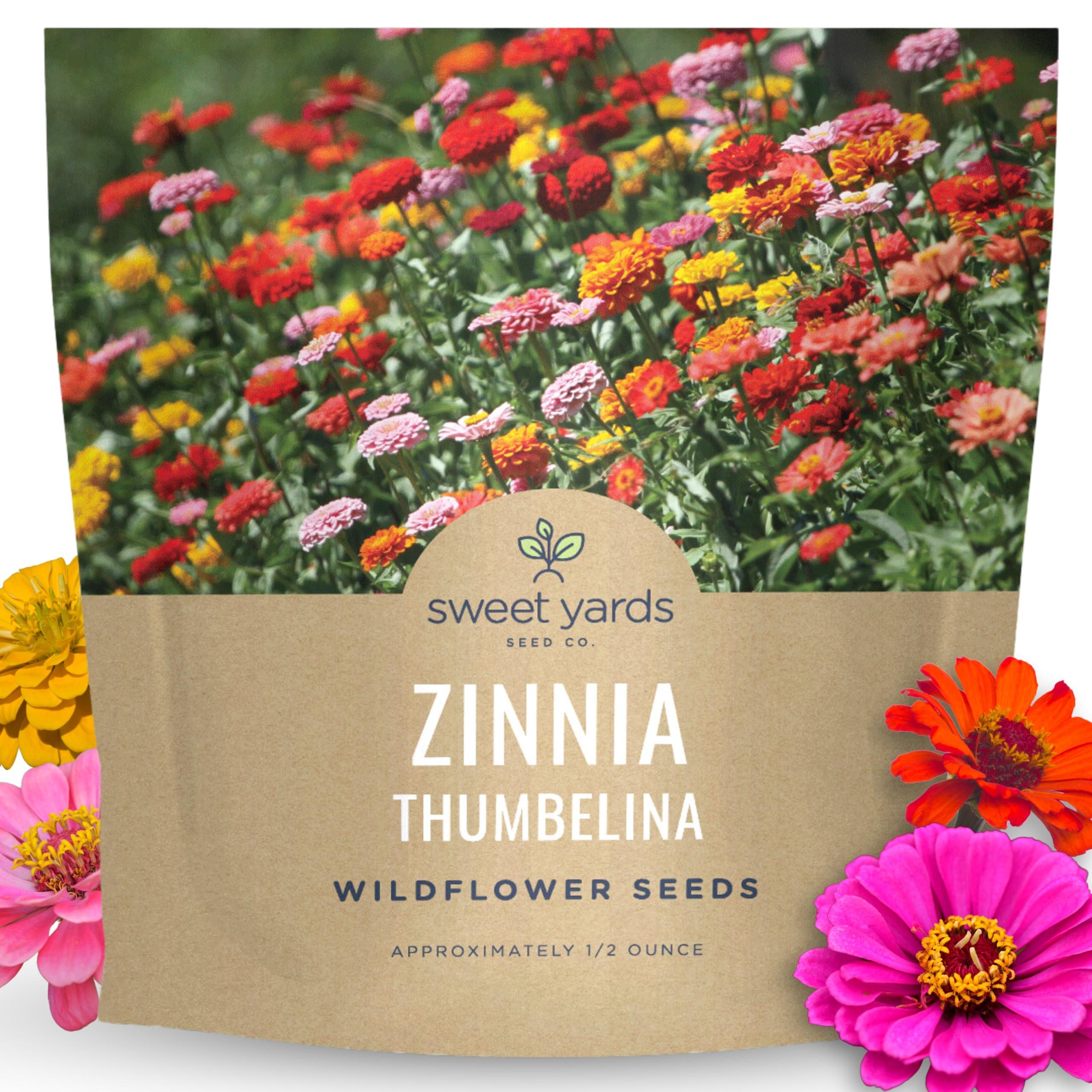 Sweet Yards Zinnia Thumbelina Mix front of packet displays vibrant color options for small spaces.