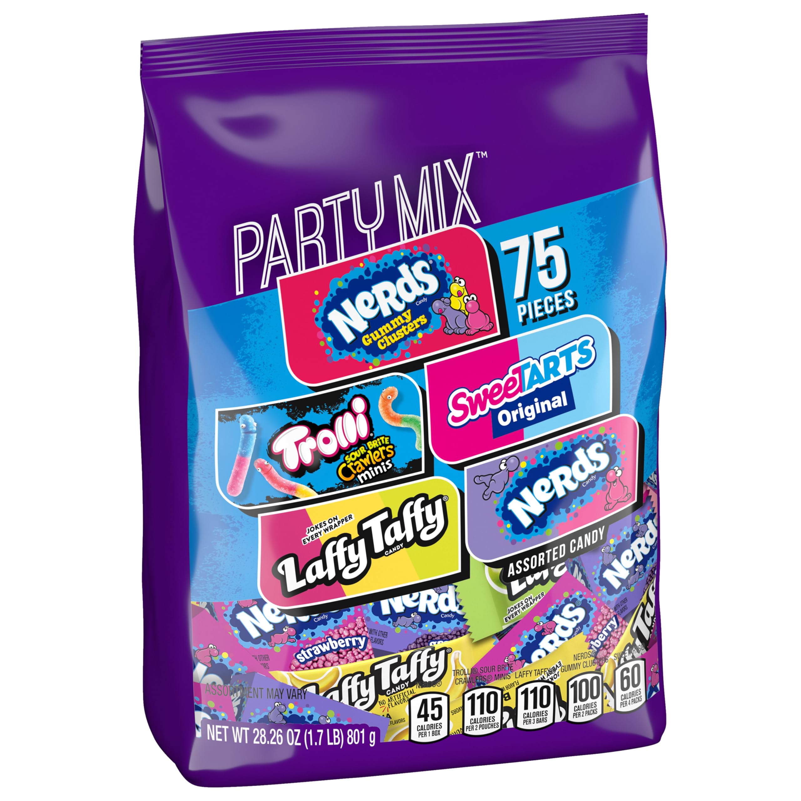 Package contents highlight 75 individually wrapped pieces for easy sharing and variety.
