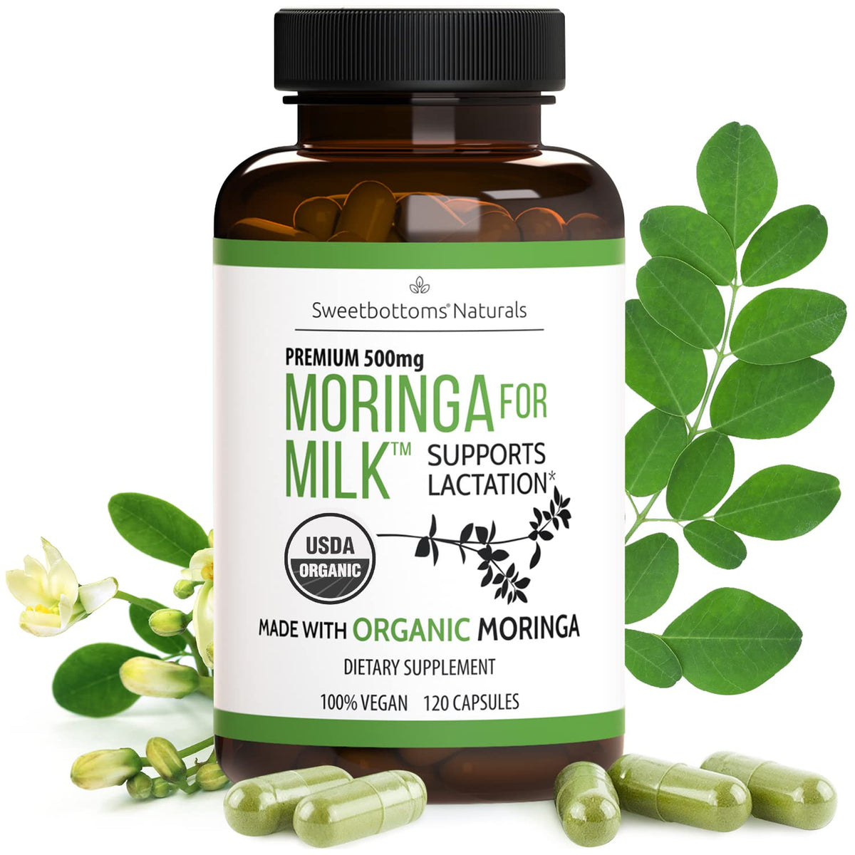Sweetbottoms lactation moringa capsules bottle for easy daily support