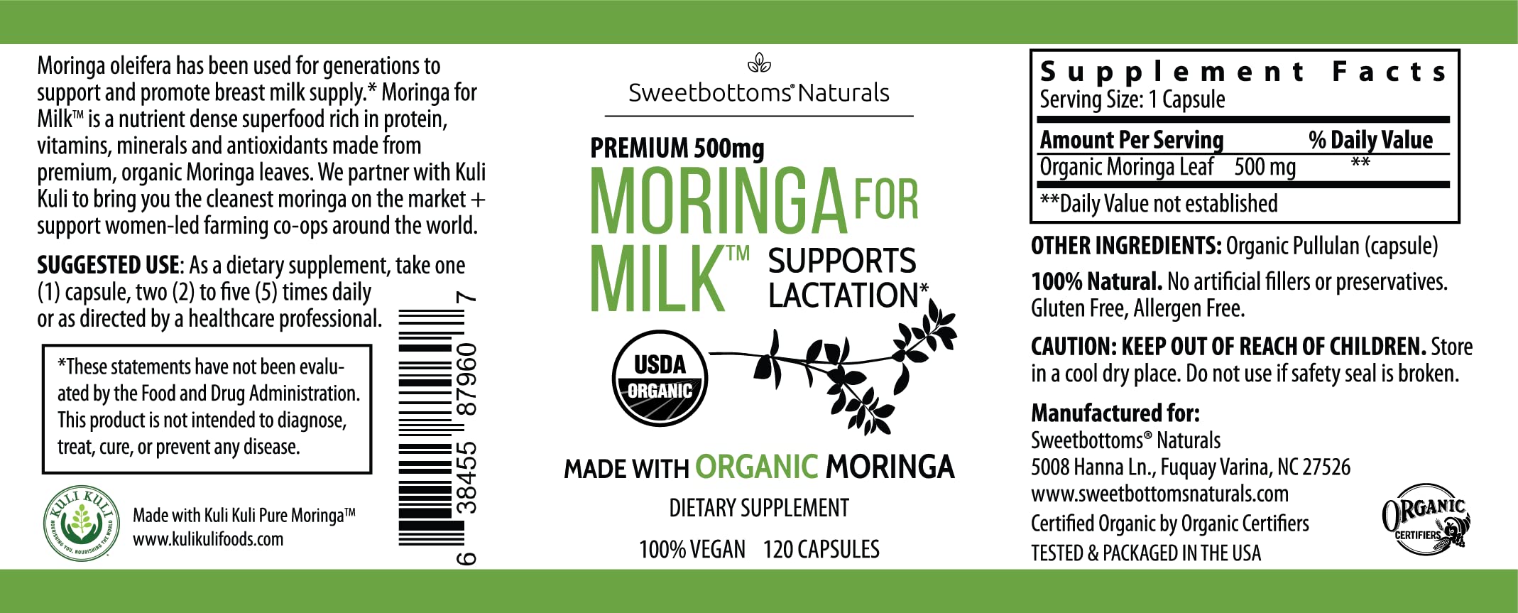 Sweetbottoms organic certification label on moringa capsules emphasizing purity