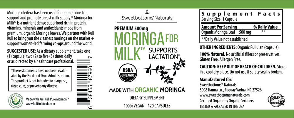 Sweetbottoms organic certification label on moringa capsules emphasizing purity