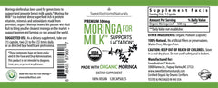Sweetbottoms organic certification label on moringa capsules emphasizing purity