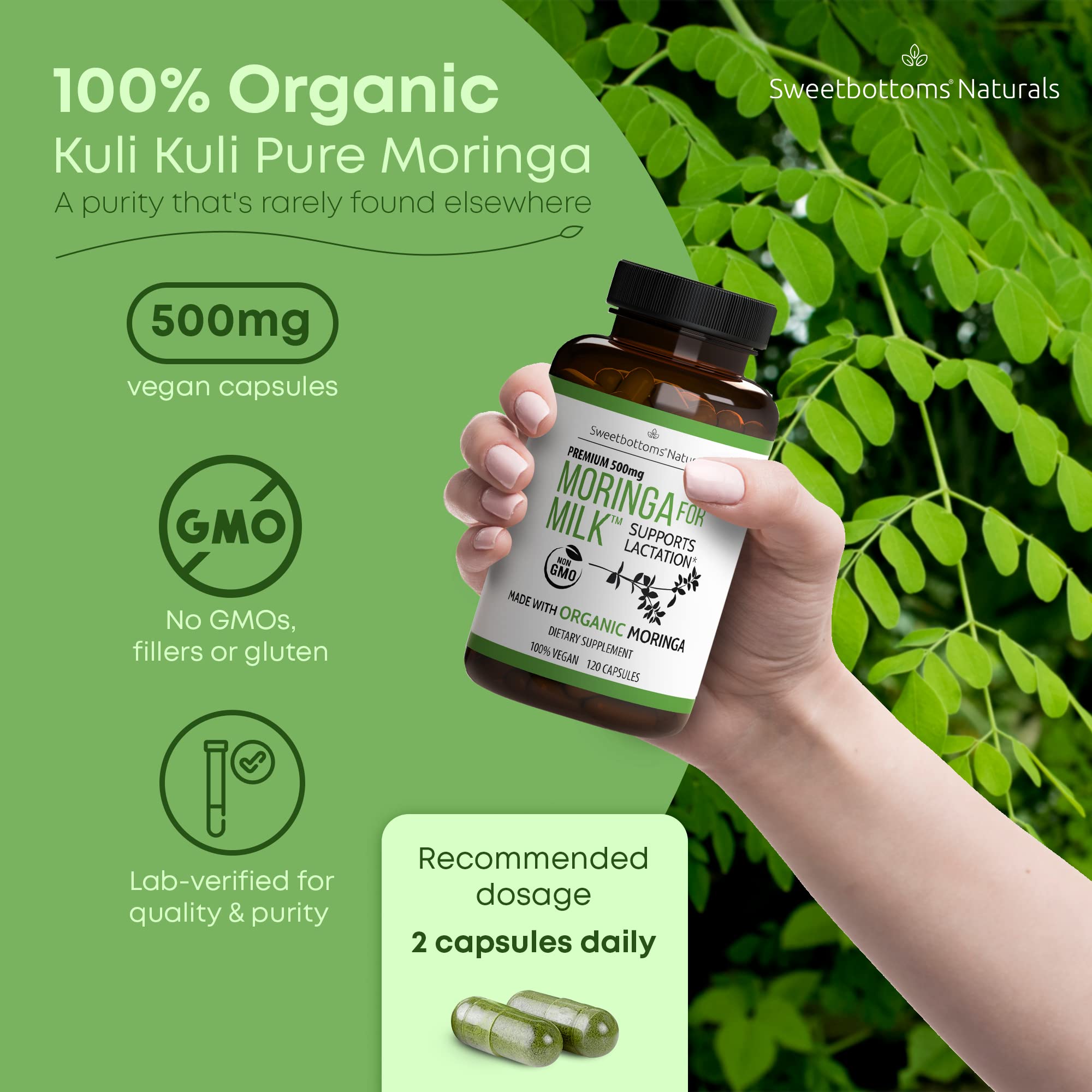 Sweetbottoms organic moringa capsules pack showcasing pure ingredients for postnatal care