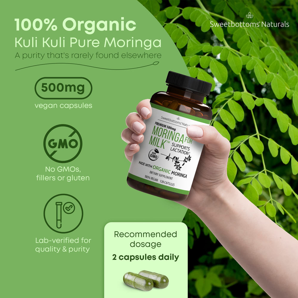 Sweetbottoms organic moringa capsules pack showcasing pure ingredients for postnatal care