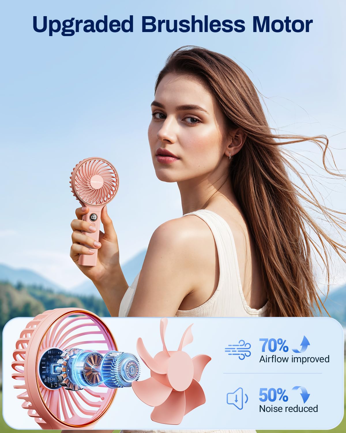 Foldable mini travel fan shown in a compact, portable form.