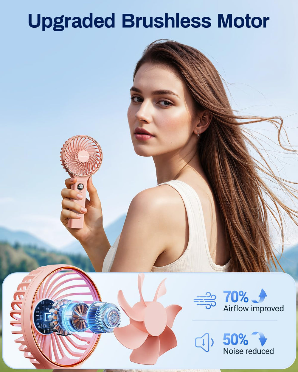 Foldable mini travel fan shown in a compact, portable form.