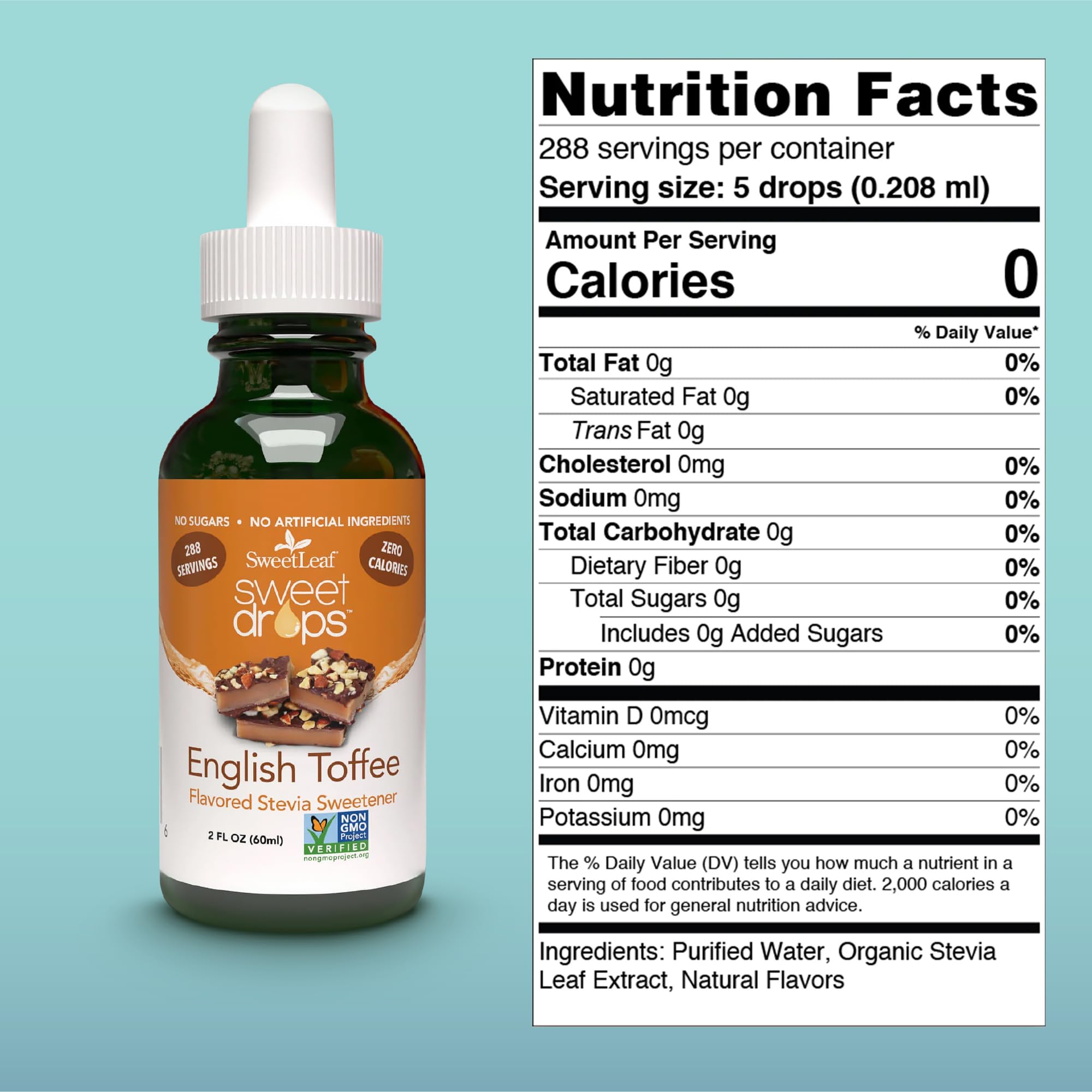 SweetLeaf English Toffee Sweet Drops pour adds sugar-free flavor to coffee and tea