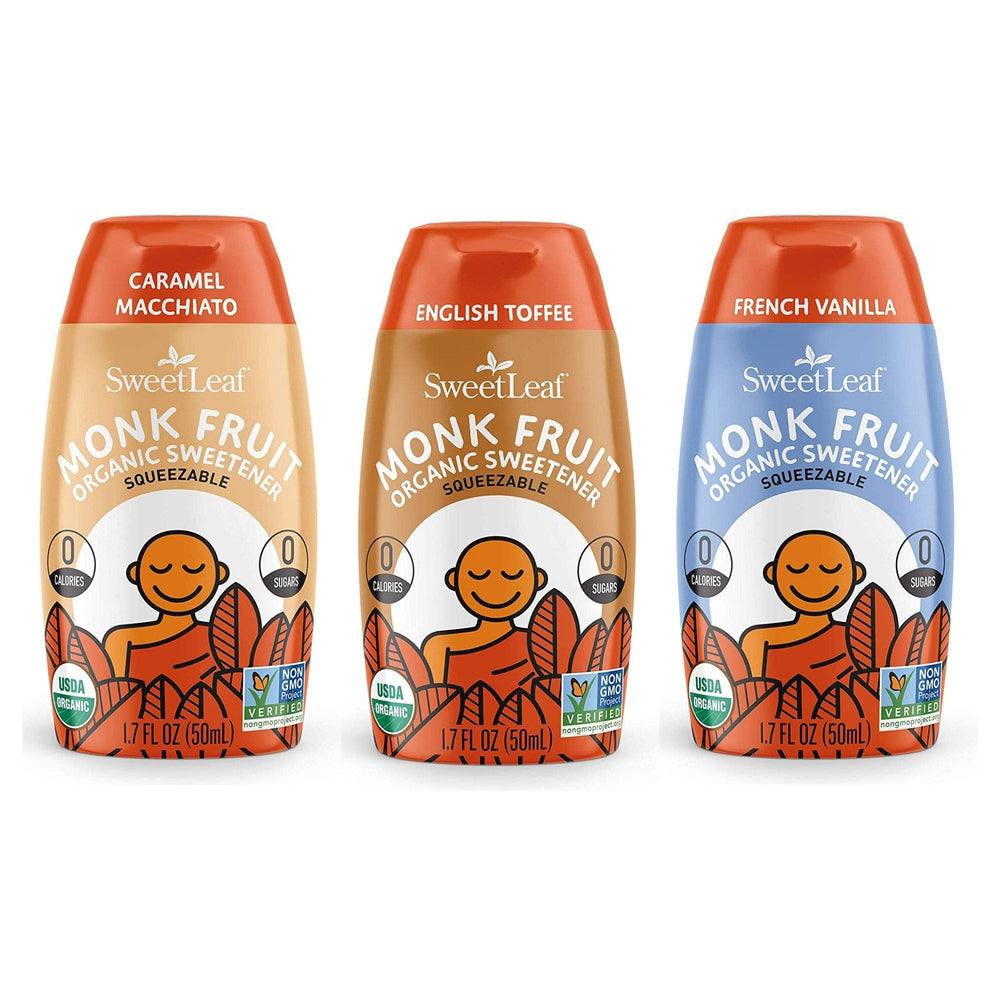 SweetLeaf Liquid Monk Fruit Drops packaging showing three zero-calorie flavors.