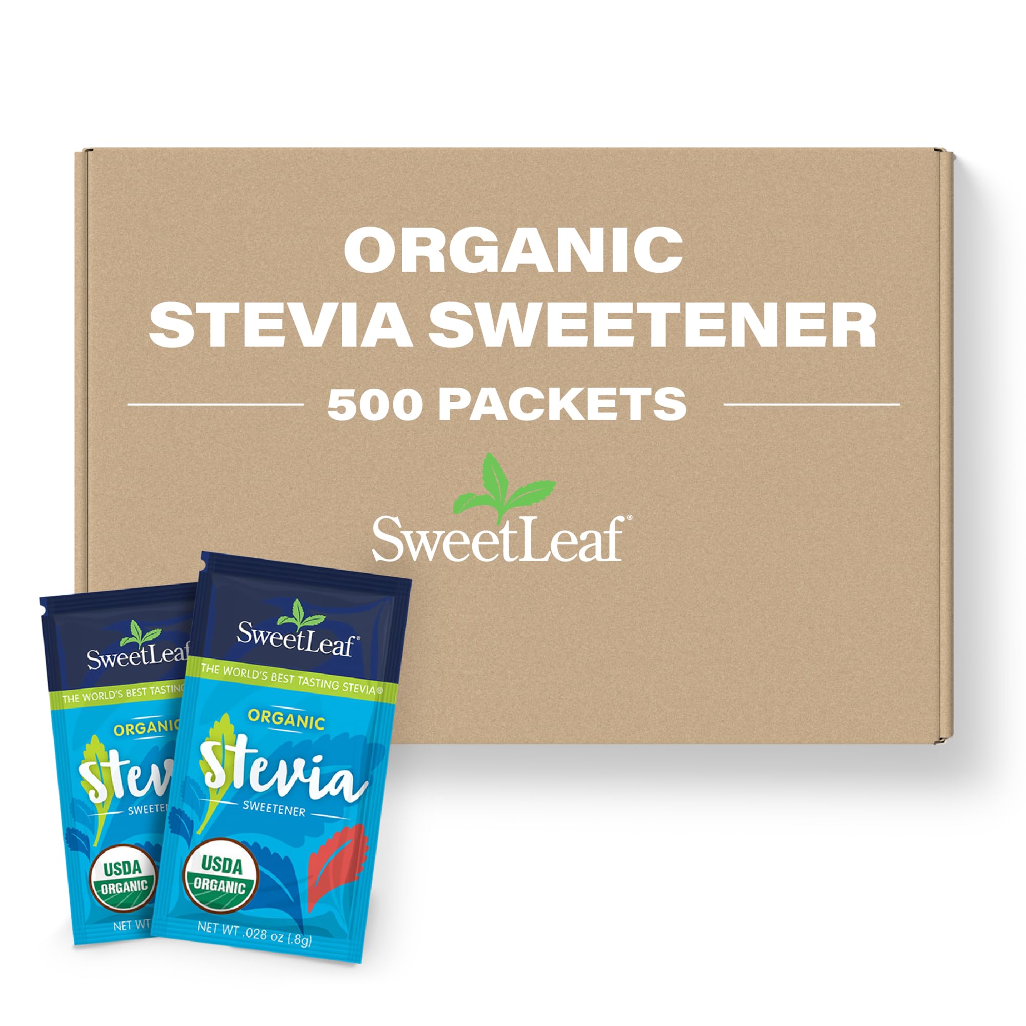 SweetLeaf organic stevia packets in bulk packaging for foodservice use