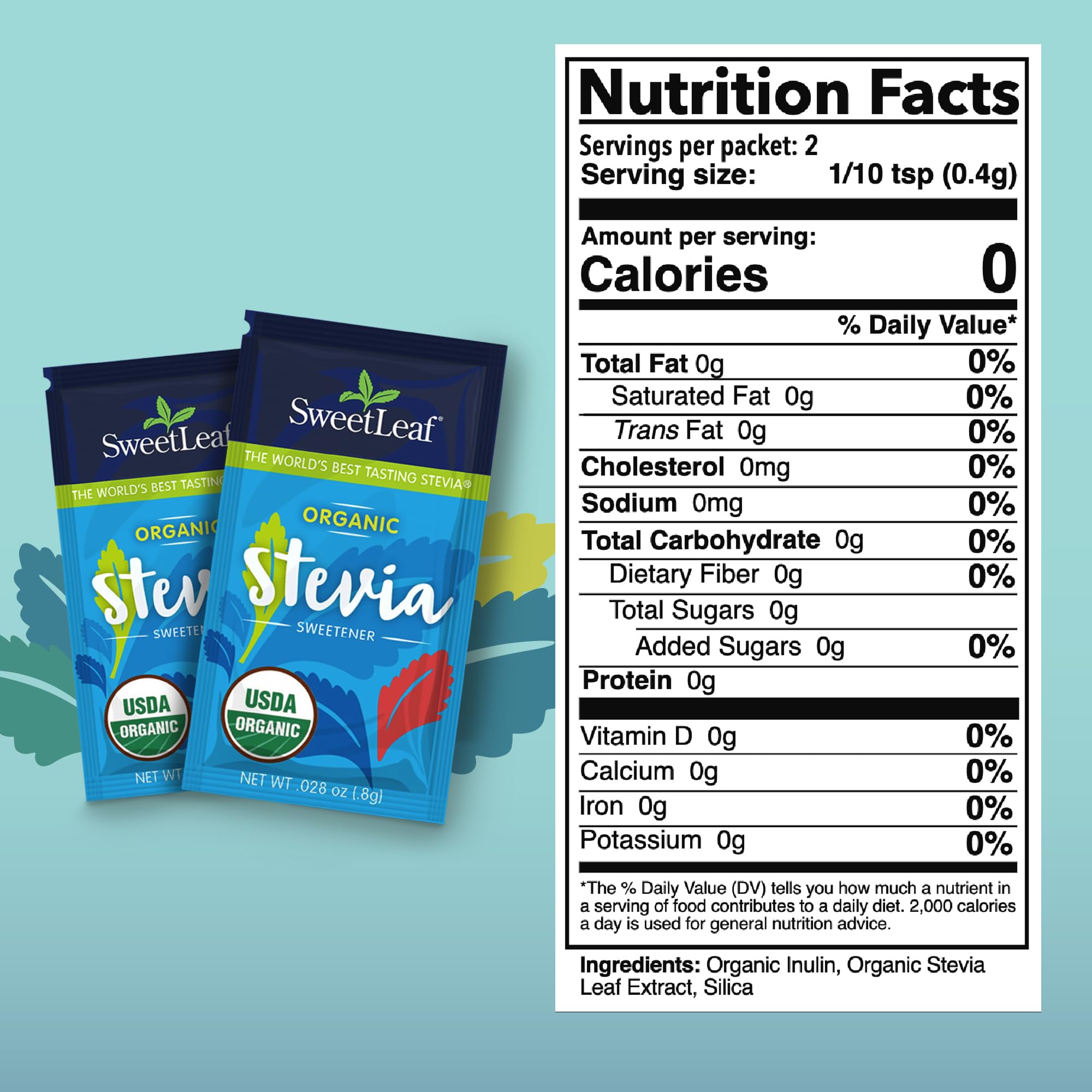 SweetLeaf stevia packet beside a cup of coffee for beverages