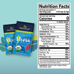 SweetLeaf stevia packet beside a cup of coffee for beverages