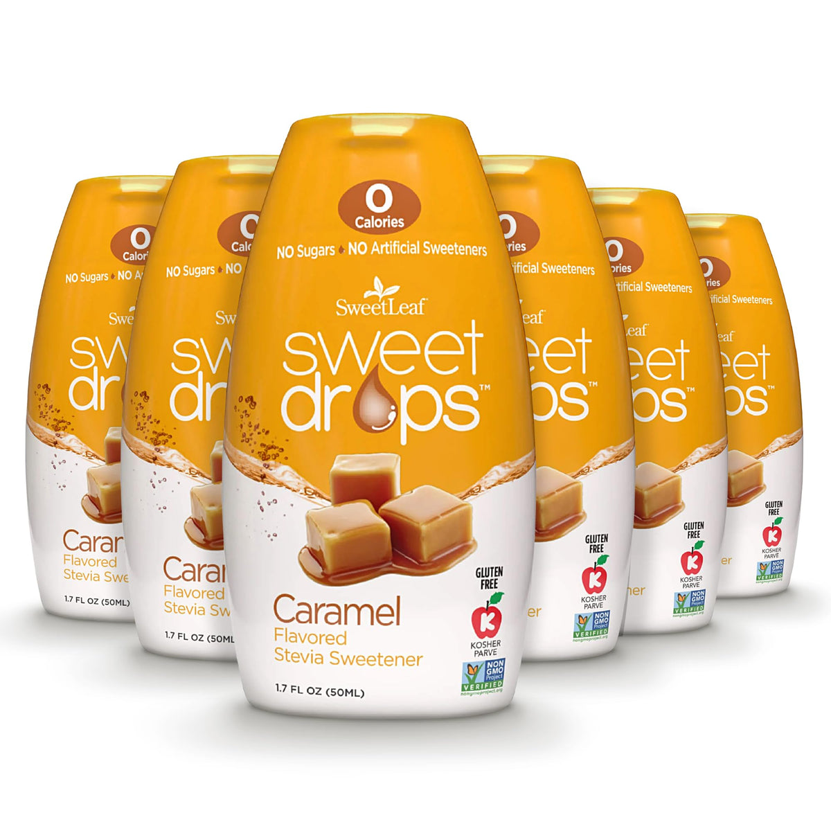 SweetLeaf Sweet Drops caramel bottle showing zero calories and natural flavor for beverages.