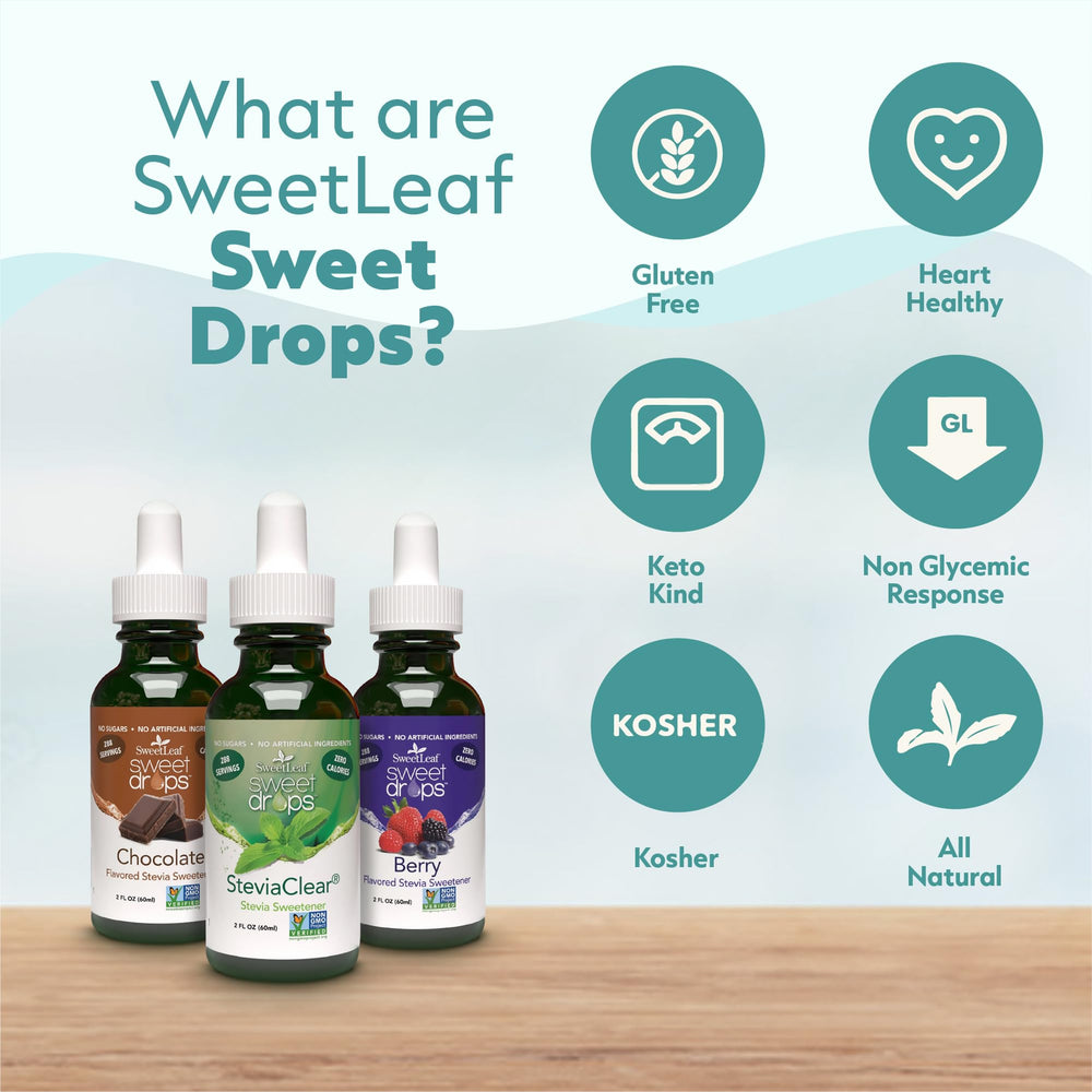 SweetLeaf Sweet Drops label highlights organic stevia and zero-calorie sweetness.