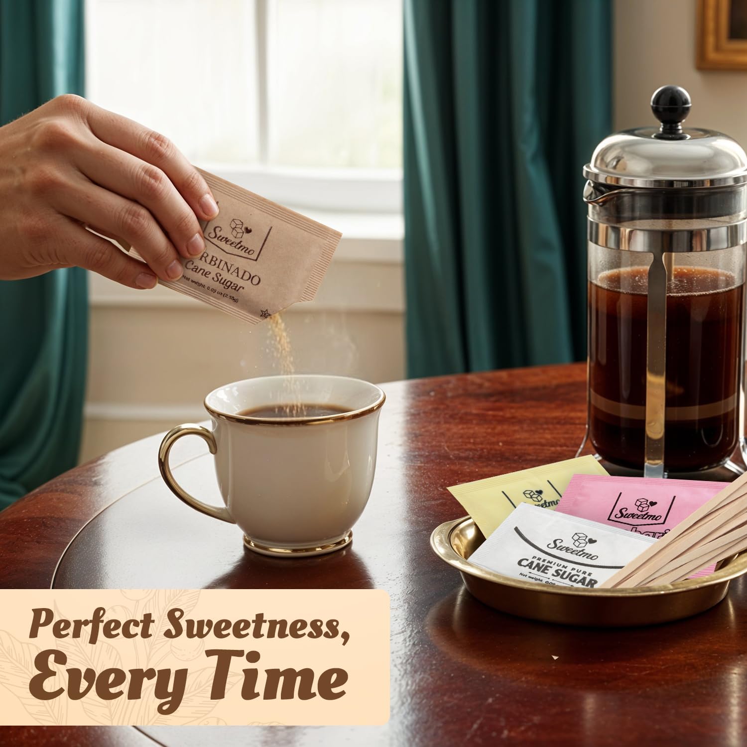 Sweetmo Raw Sugar and Turbinado packets offer natural flavor notes for richer tea experiences.