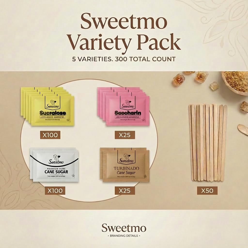 Sweetmo Saccharin packets provide a compact sweetener option for travel or office use.