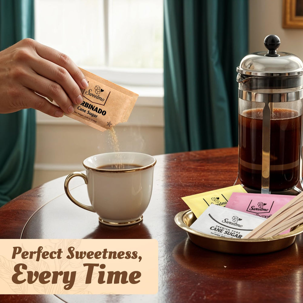 Sweetmo saccharin packets provide quick sweetness in hot beverages.