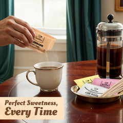 Sweetmo saccharin packets provide quick sweetness in hot beverages.