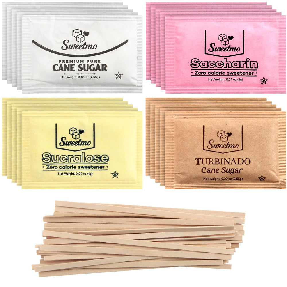Sweetmo Sugar Packets Variety Pack front view showing a complete sweetener choice for every drink.