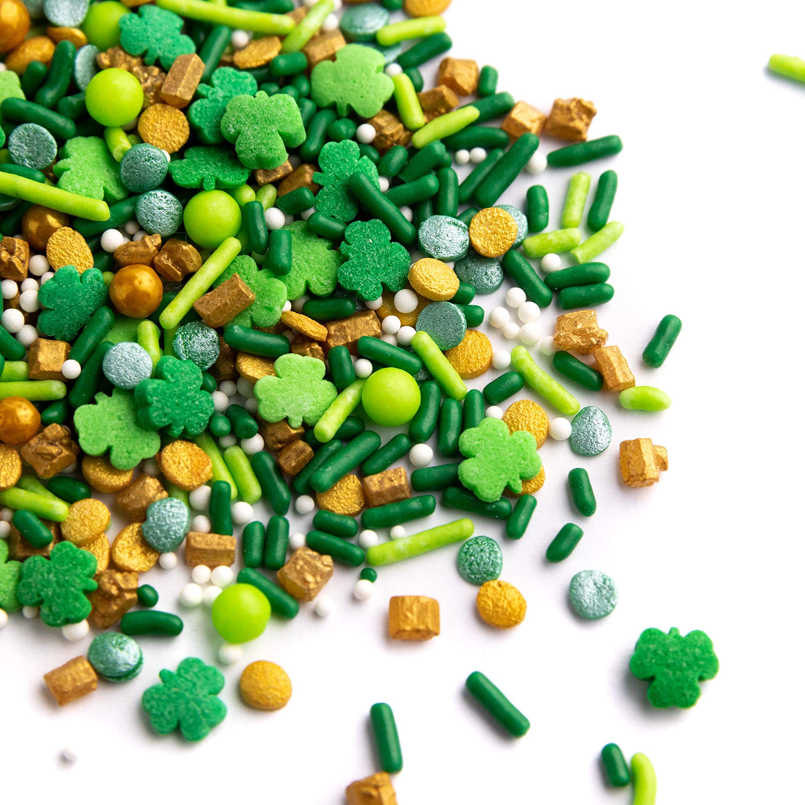 Sweets Indeed green and gold sprinkles with clover shapes add festive accents to treats