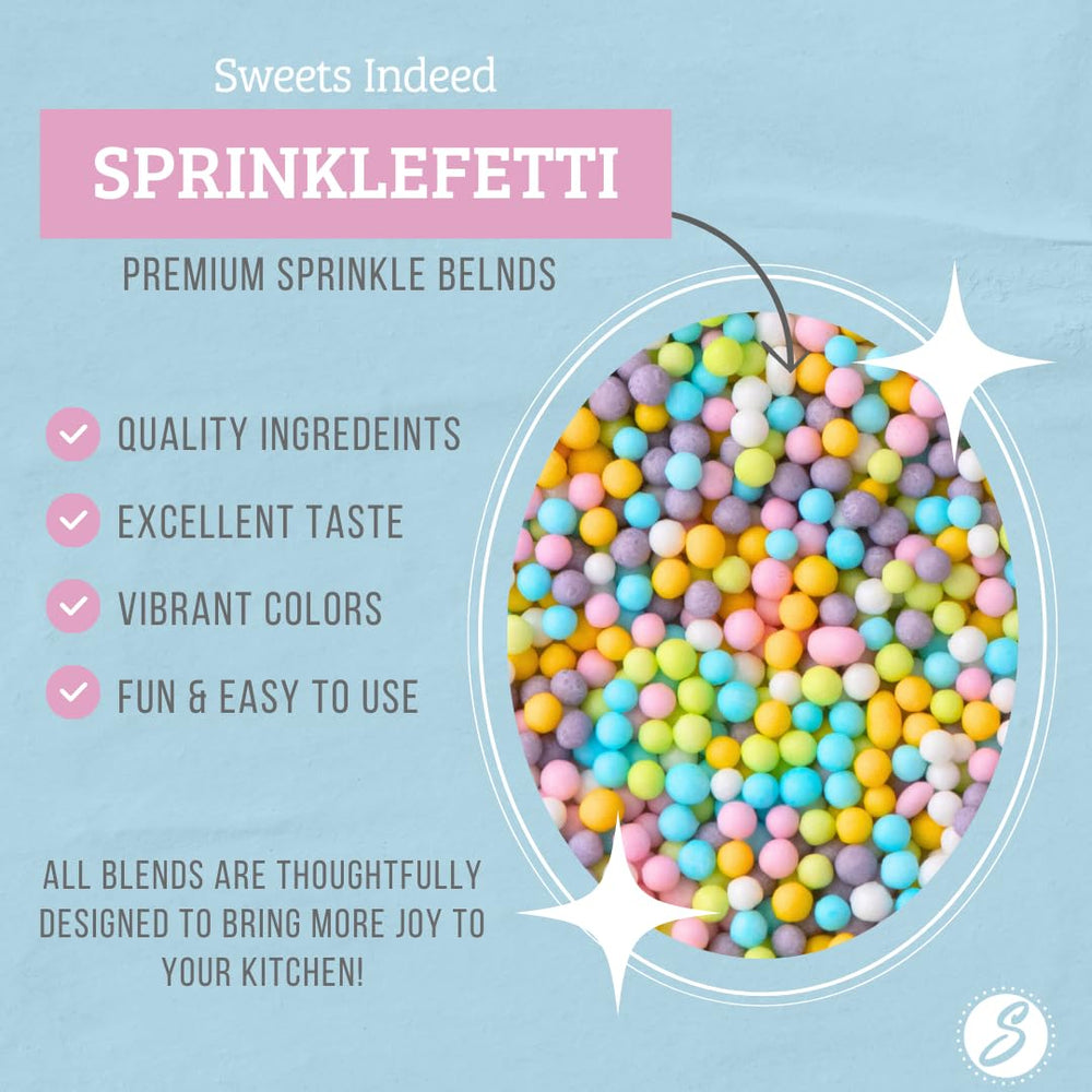 Sweets Indeed pastel sprinkles topping cupcakes for vibrant color and texture.