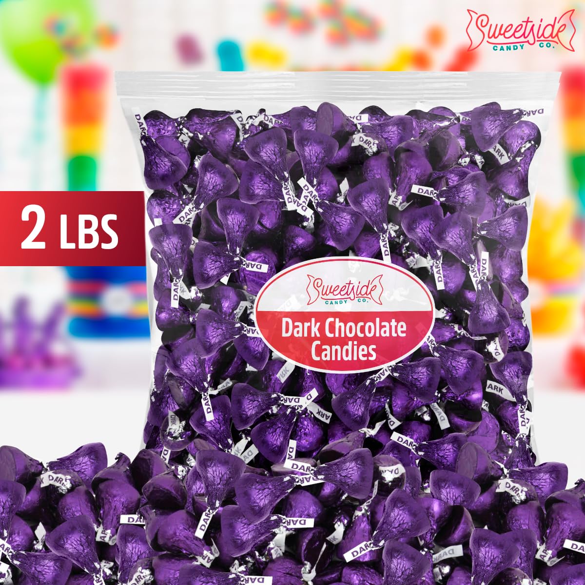 SWEETSIDE CANDY CO Kisses Special Dark Chocolate purple foil wrappers, ideal for snack trays.