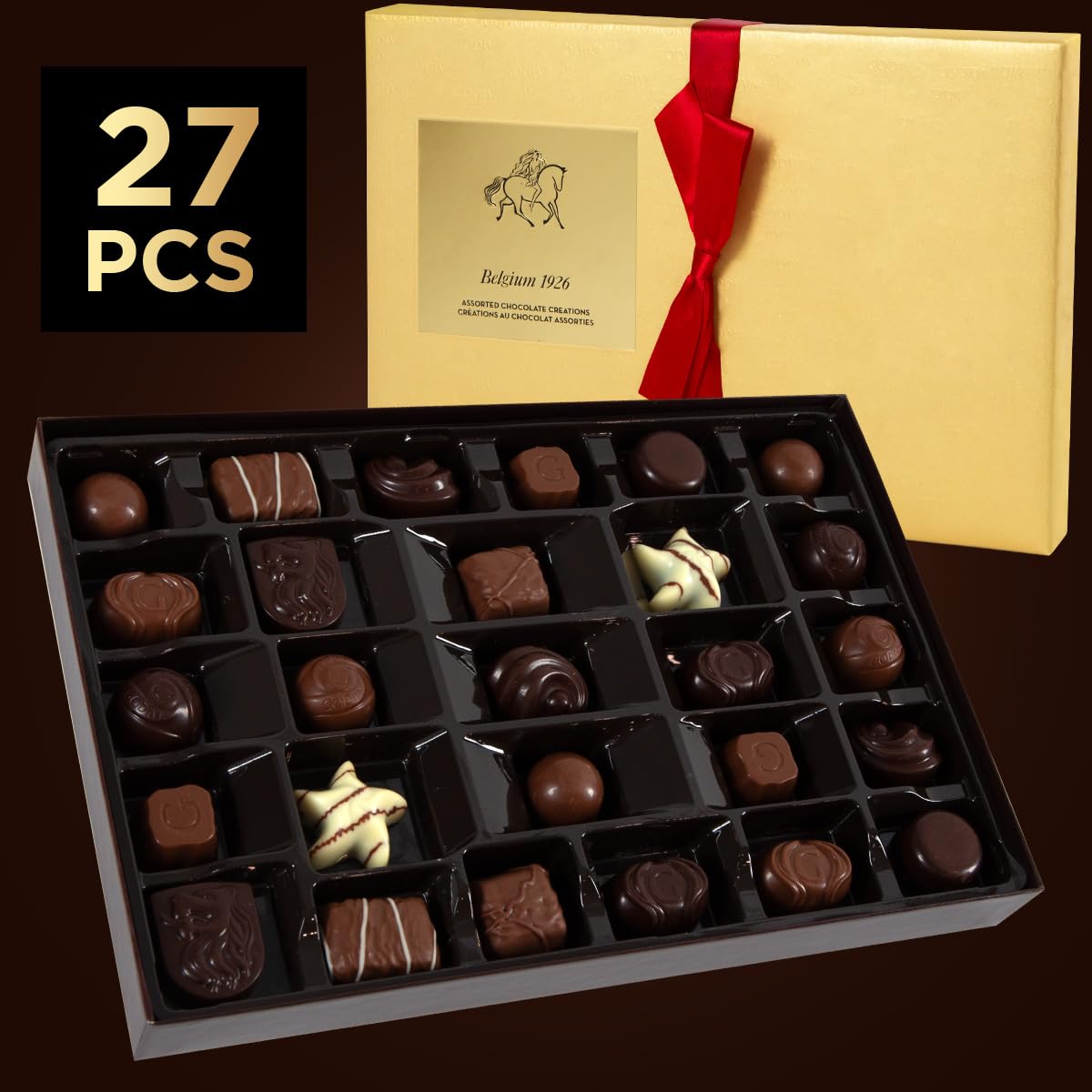 SWEETSIDE Candy Co. gift box with red ribbon presents elegant Belgian chocolates.