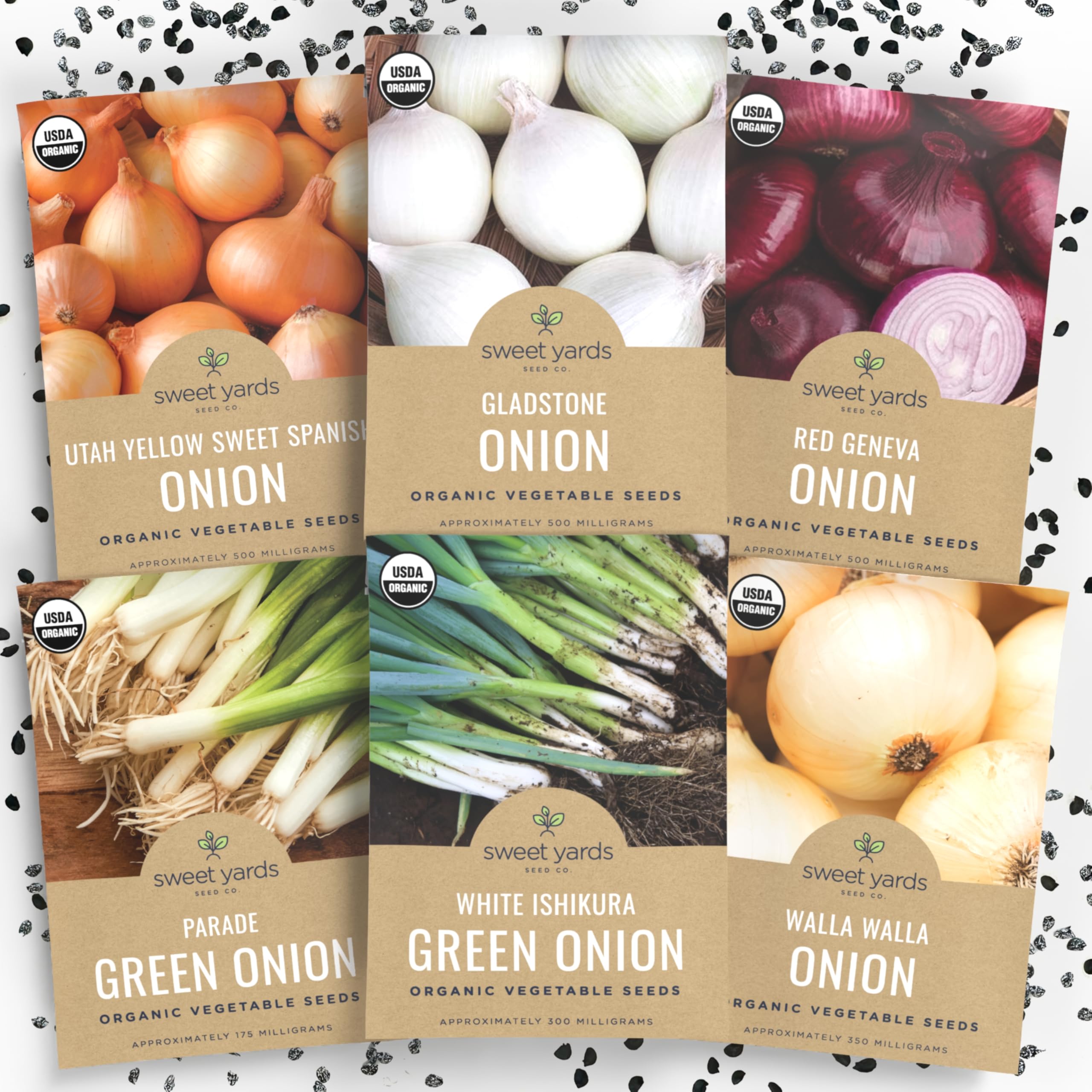 Sweet Yards organic onion seeds variety pack image showing six seed packets for home gardens