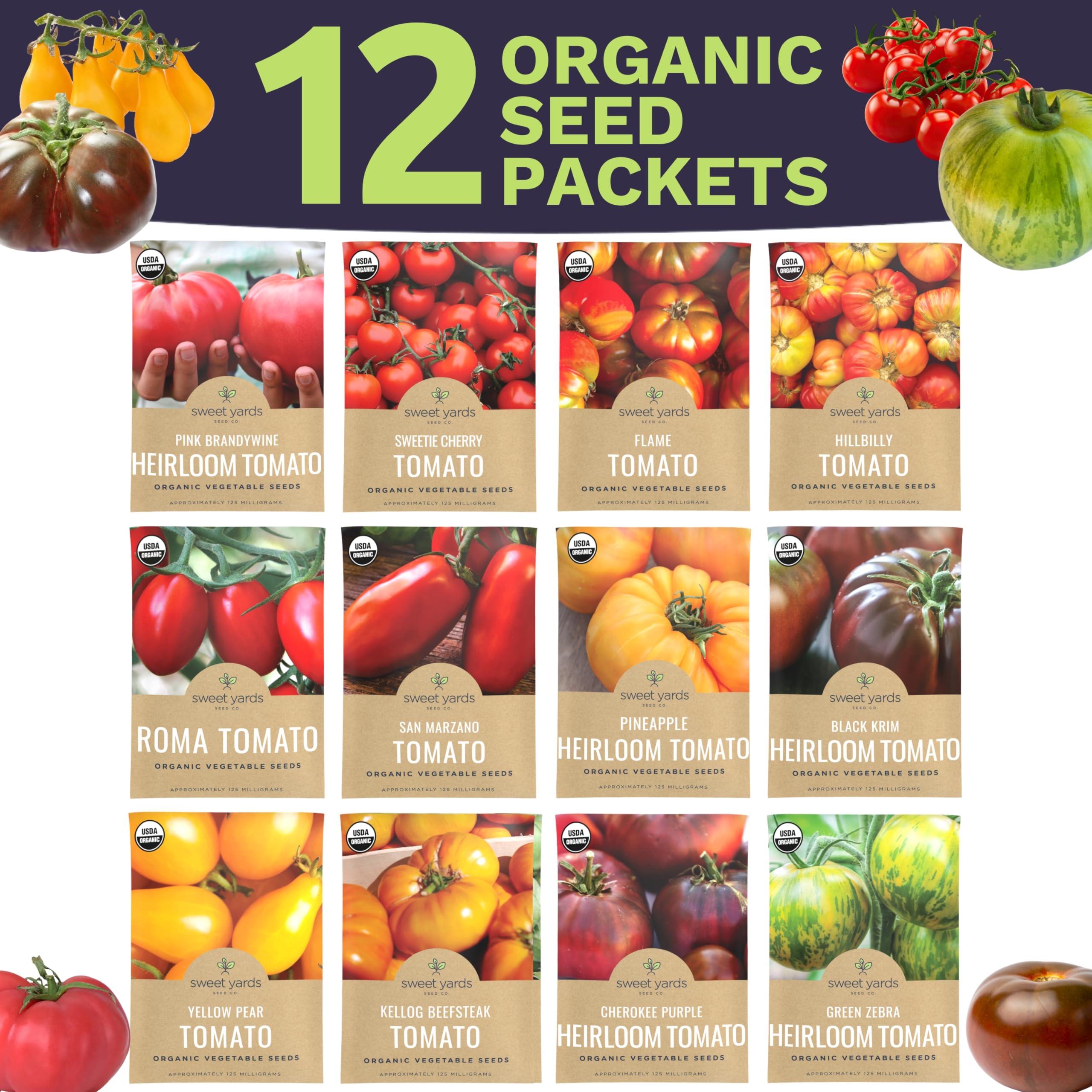 Sweet Yards twelve packets displayed for diverse tomato varieties.