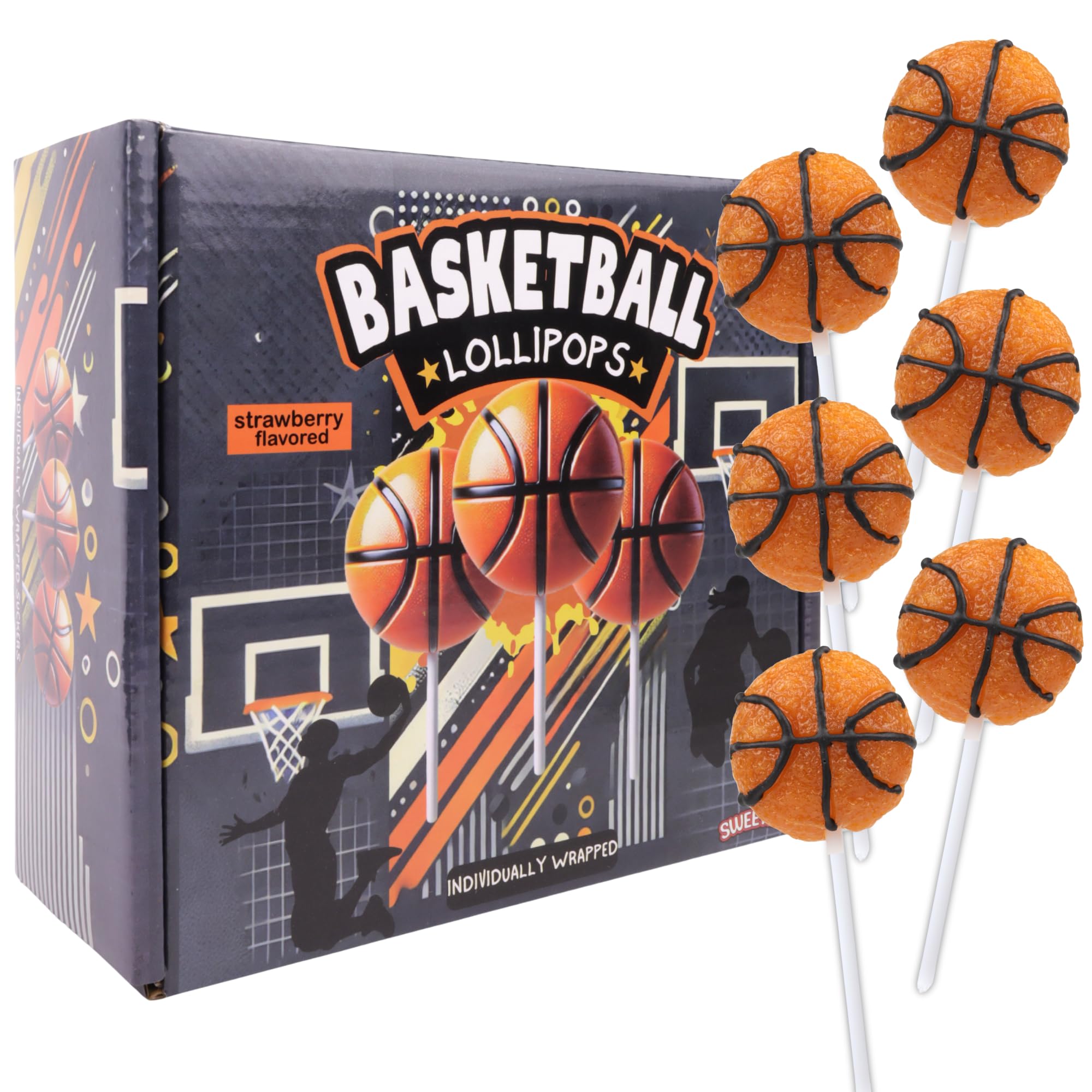 Sweetzo 24-count box of basketball lollipops for bulk event gifting.