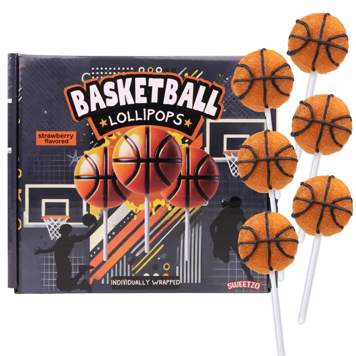 Sweetzo basketball lollipop unwrapped, ideal for game-day treats and celebrations.