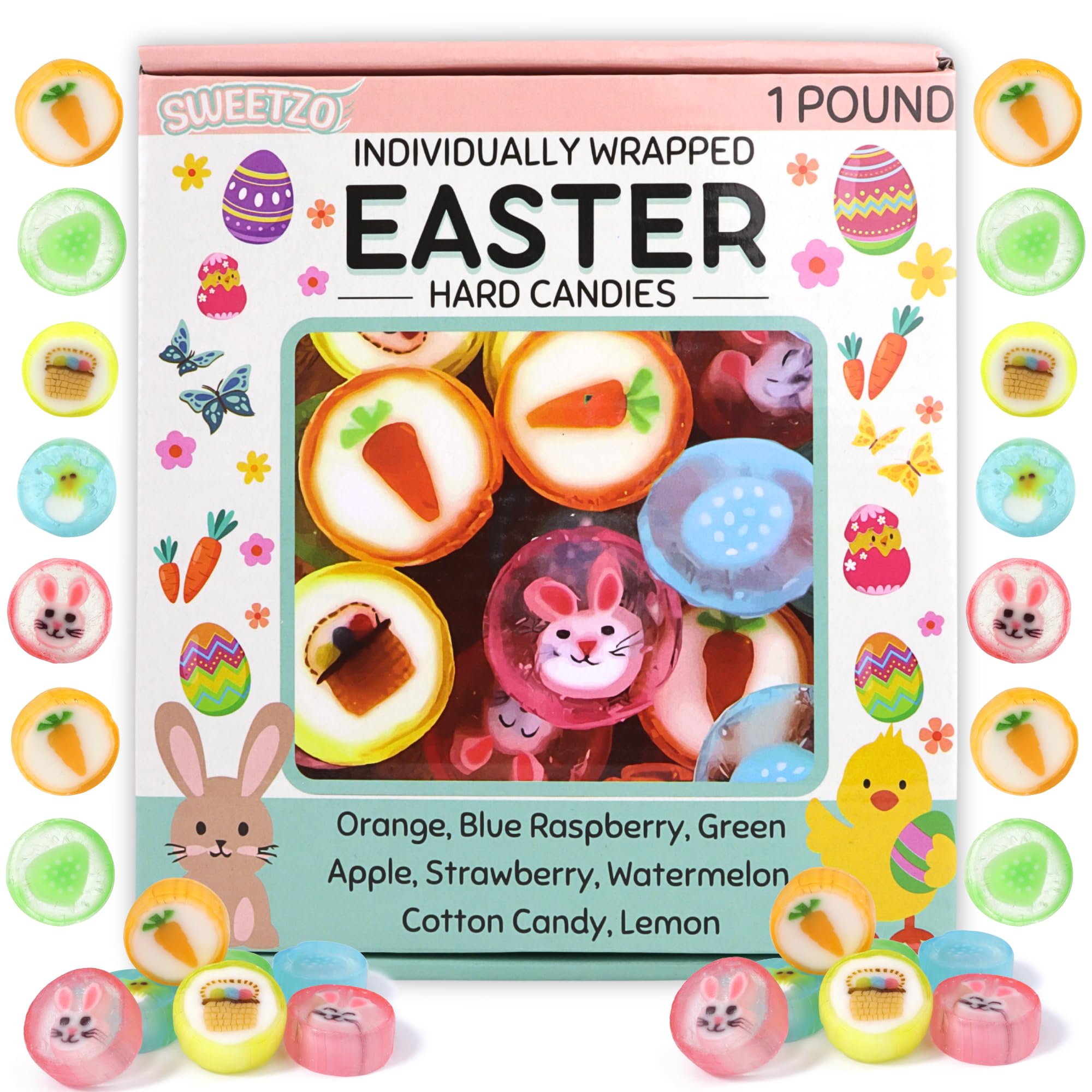 Sweetzo Easter Cut Rock Candy box front, ideal for gifting and Easter baskets.
