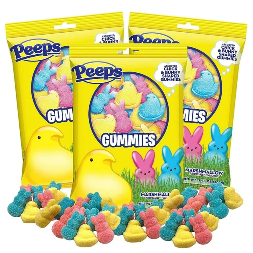 Sweetzo Easter Peeps Gummies bunnies on a tray with festive colors