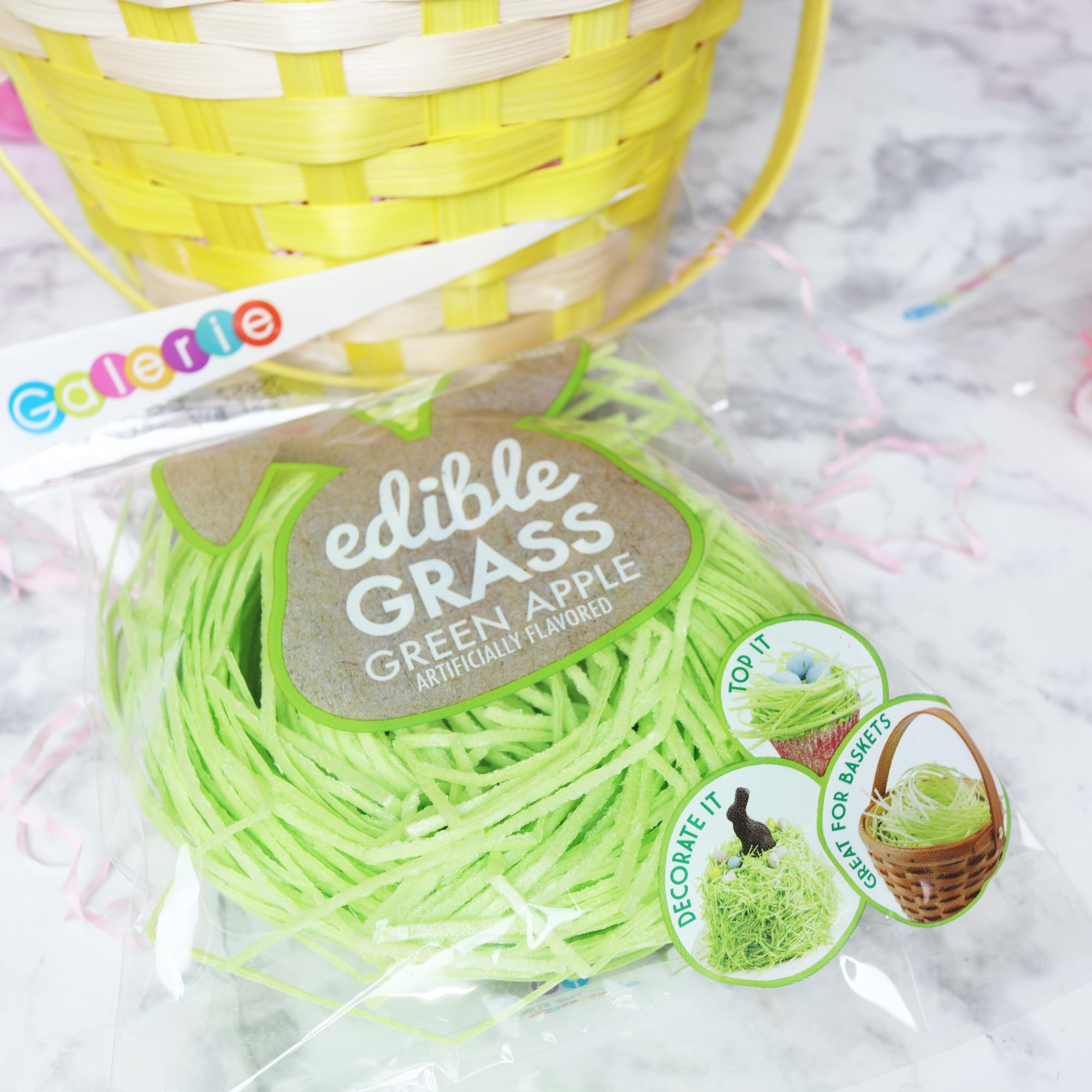Sweetzo edible Easter Grass in a basket enhances festive presentation.