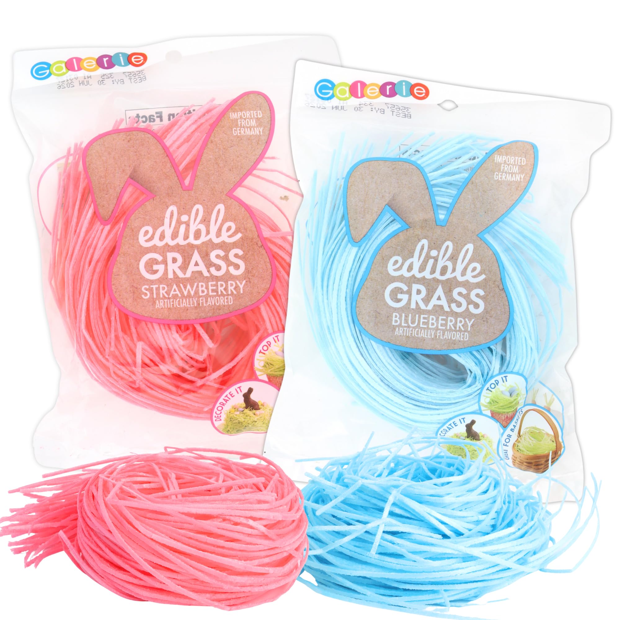 Sweetzo edible Easter grass in pink and blue arranged in a basket for colorful gifting.