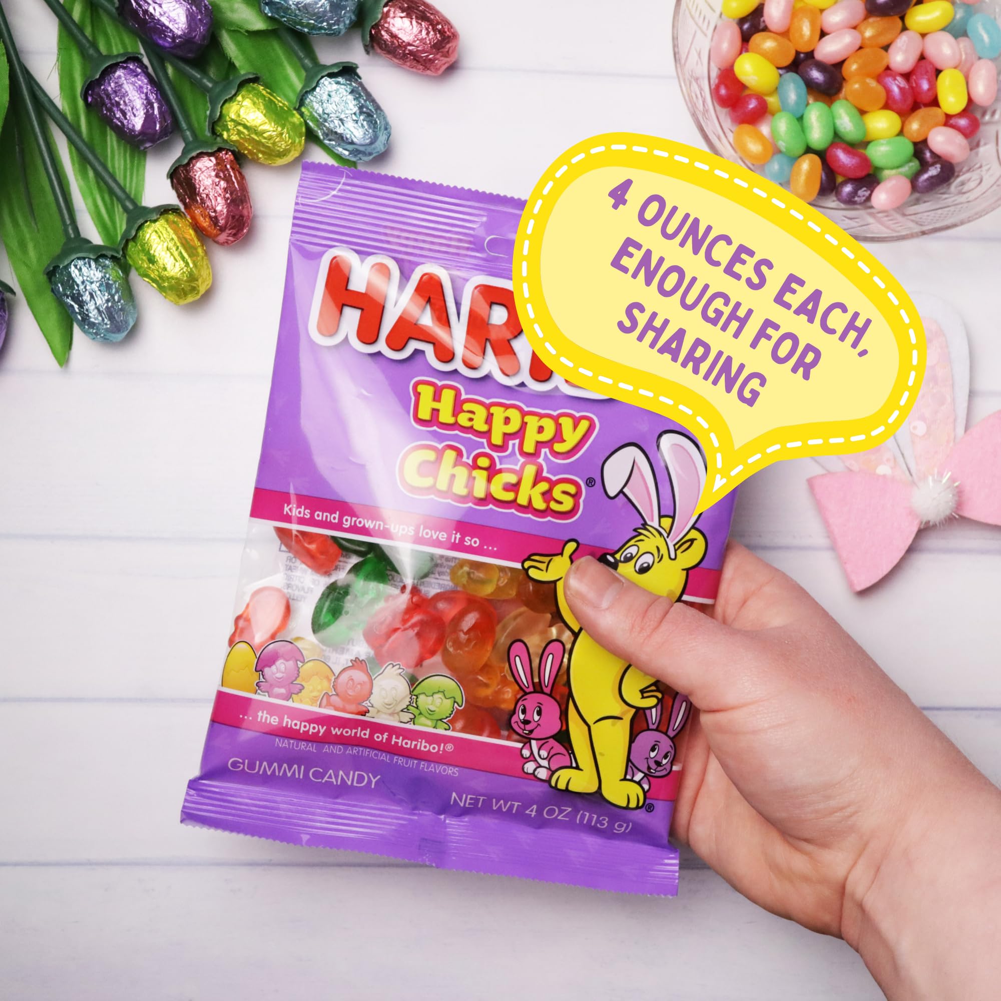 Sweetzo Haribo chick-shaped gummies in spring-themed packaging for Easter baskets