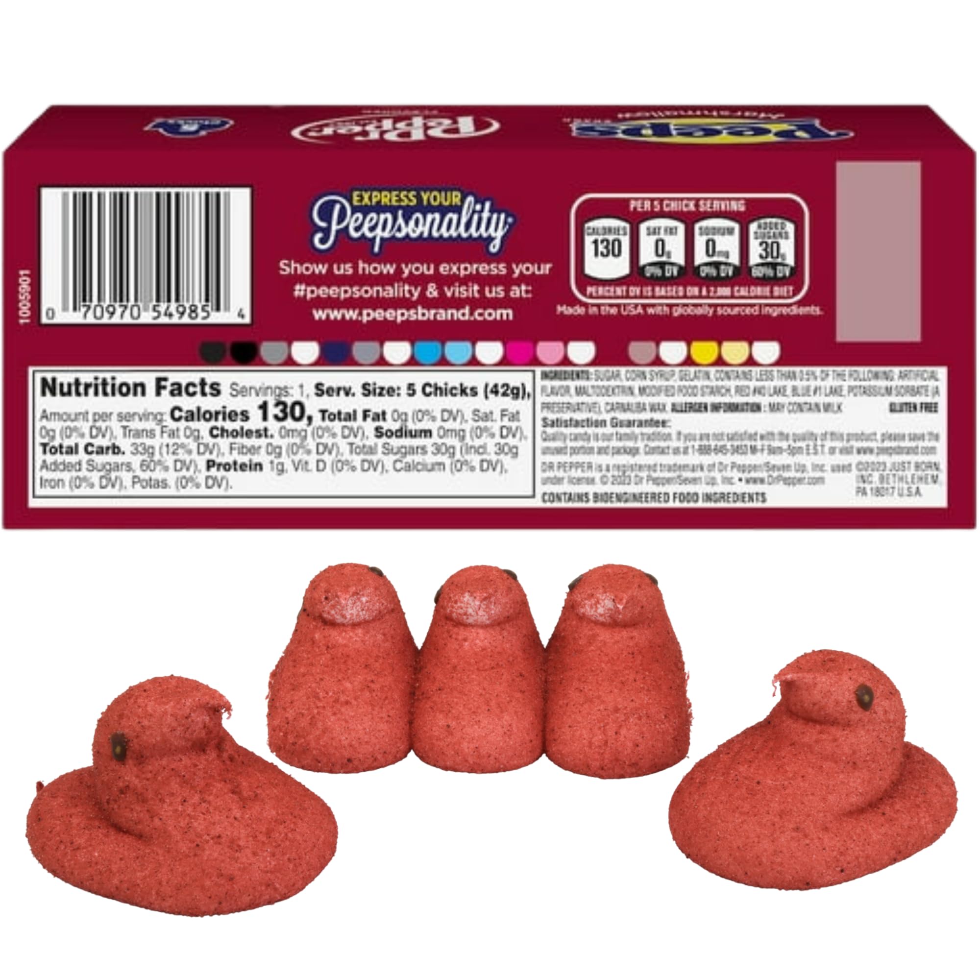 Soft, red sugar-coated Peeps Dr Pepper chicks, festive treat for candy bowls.