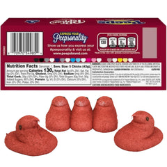 Soft, red sugar-coated Peeps Dr Pepper chicks, festive treat for candy bowls.
