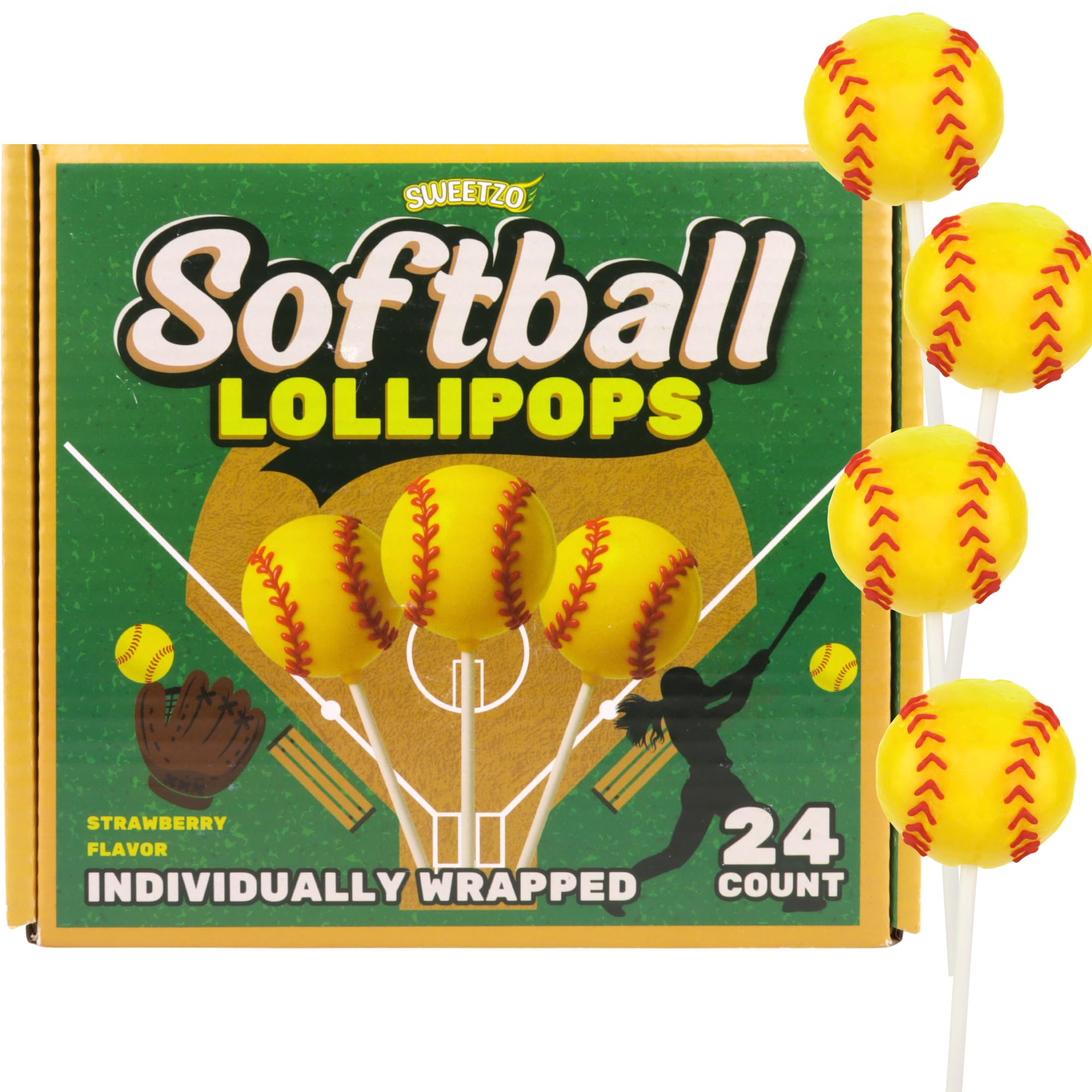 Sweetzo softball-shaped lollipops with detailed design for team celebrations.