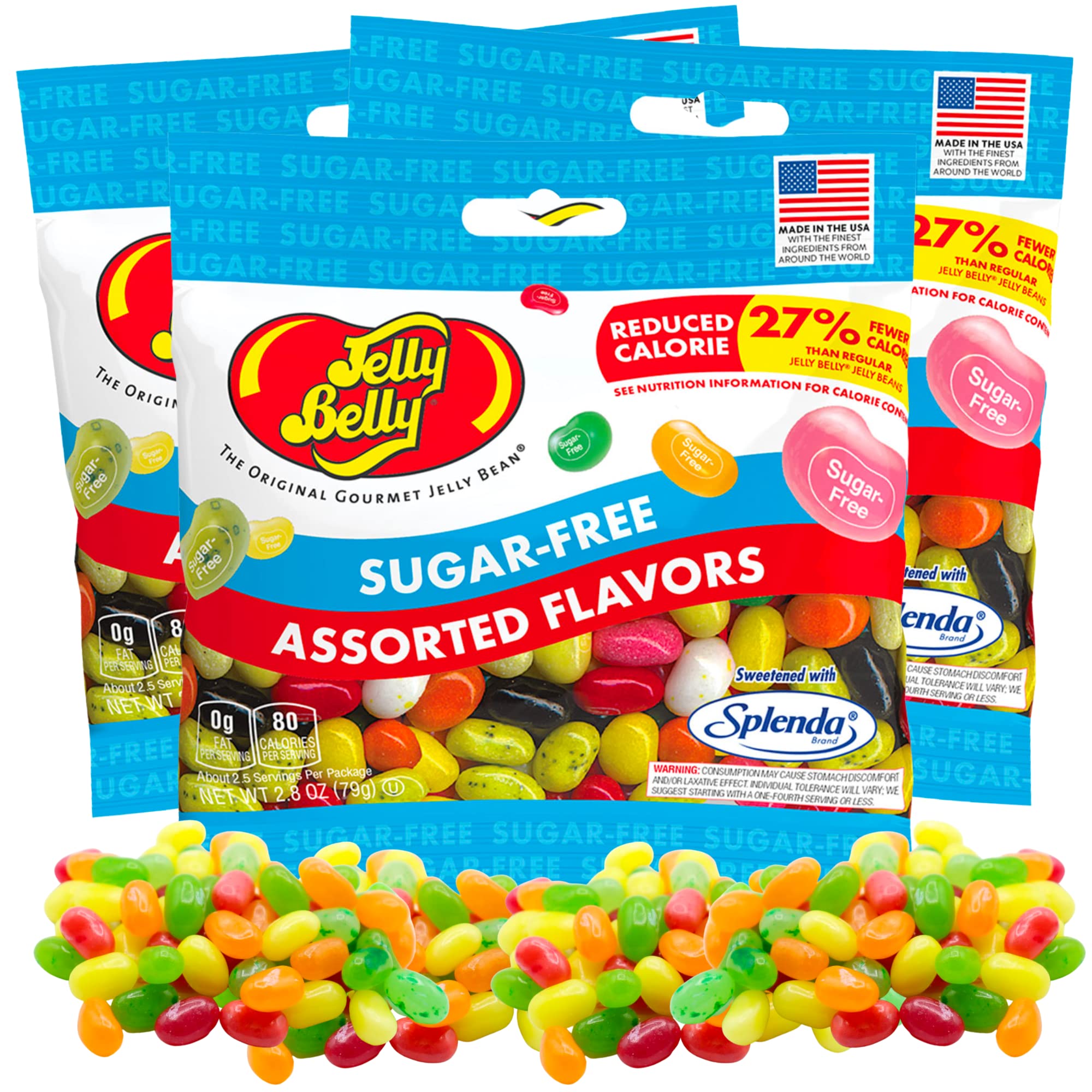 Sweetzo sugar-free jelly beans package showing a three-pack for low-calorie snacking.