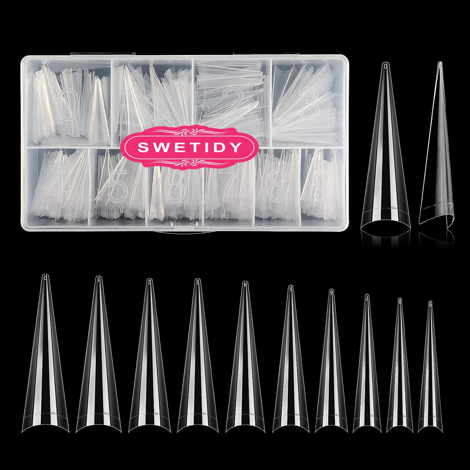 SWETIDY XL stiletto nail tips in box protect tips during storage.