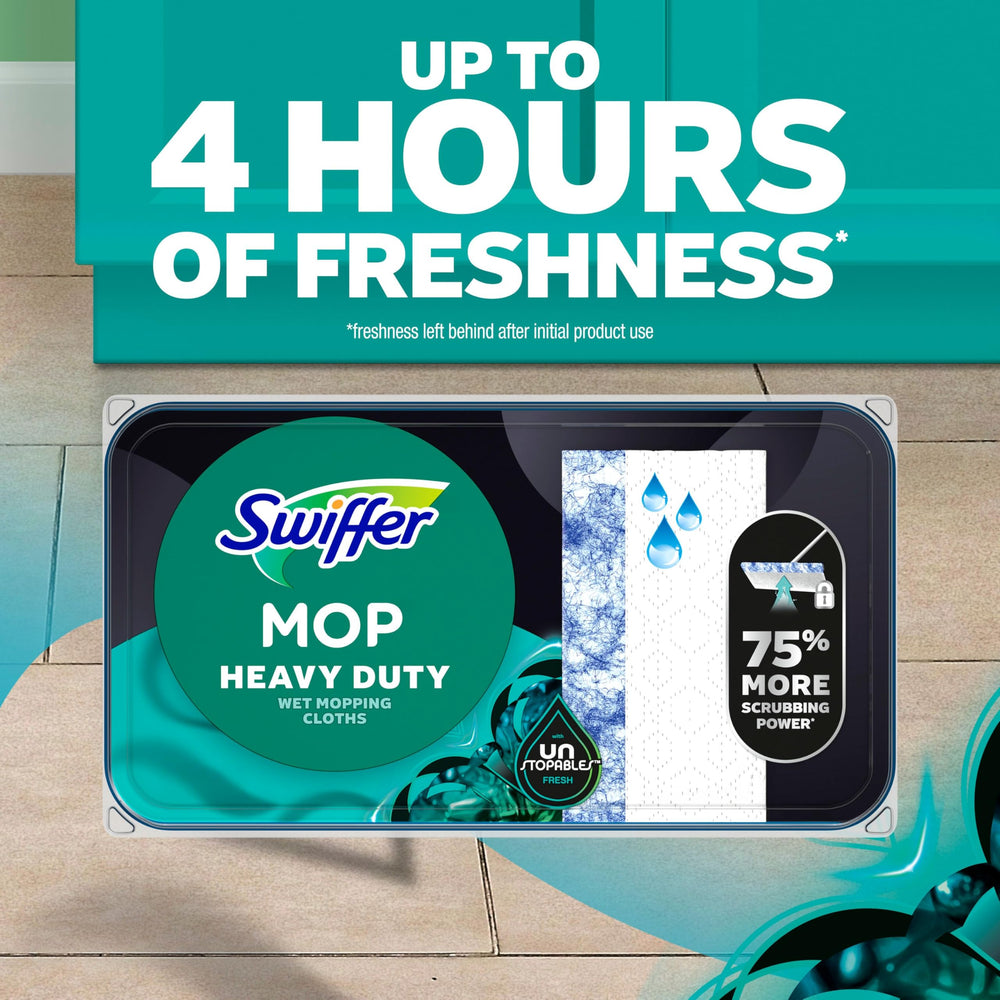 Swiffer Wet Mop Cloth cleans tile, hardwood, and vinyl floors with confidence.