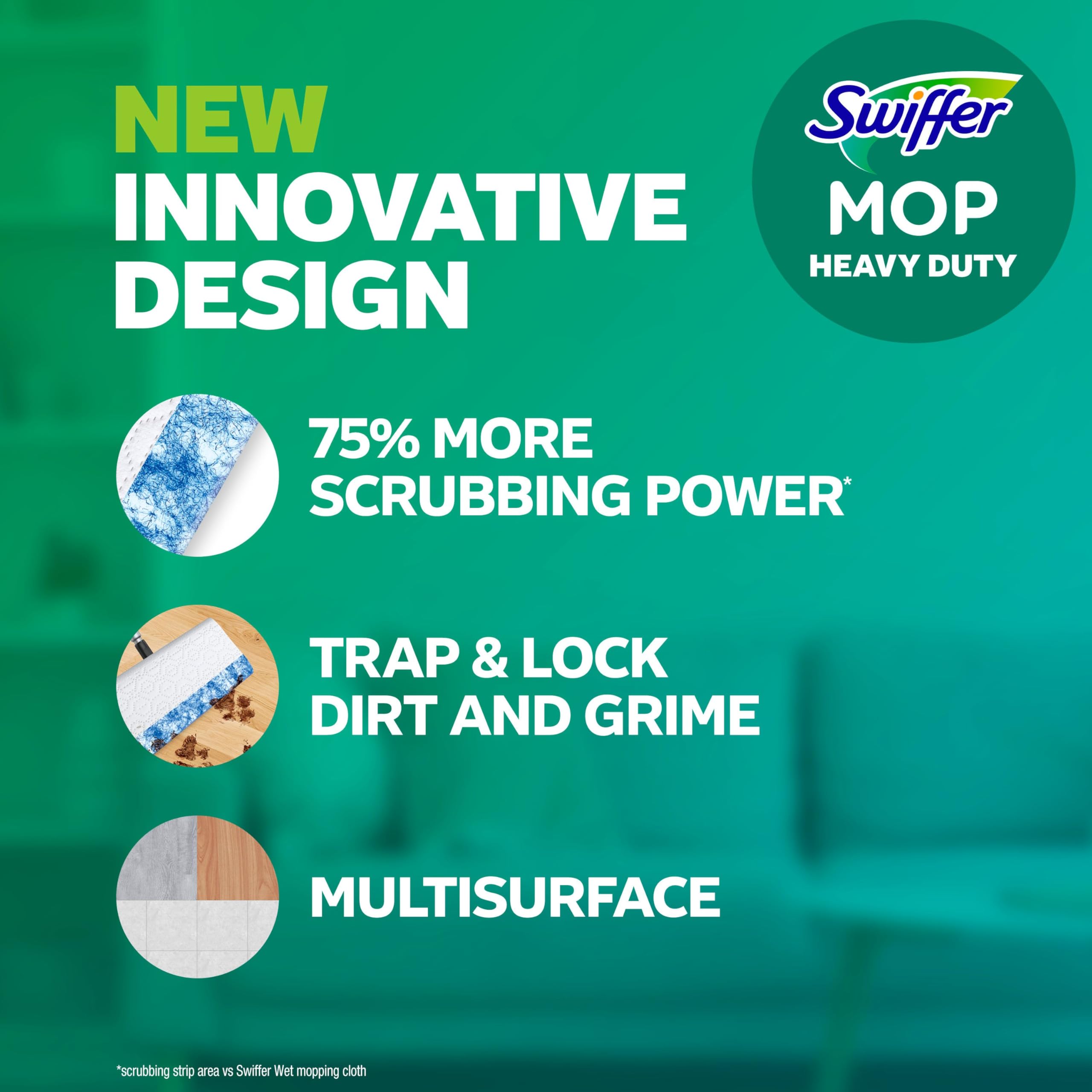Swiffer Heavy Duty Mop Cloth with Unstopables scent cleans stubborn messes on tile.