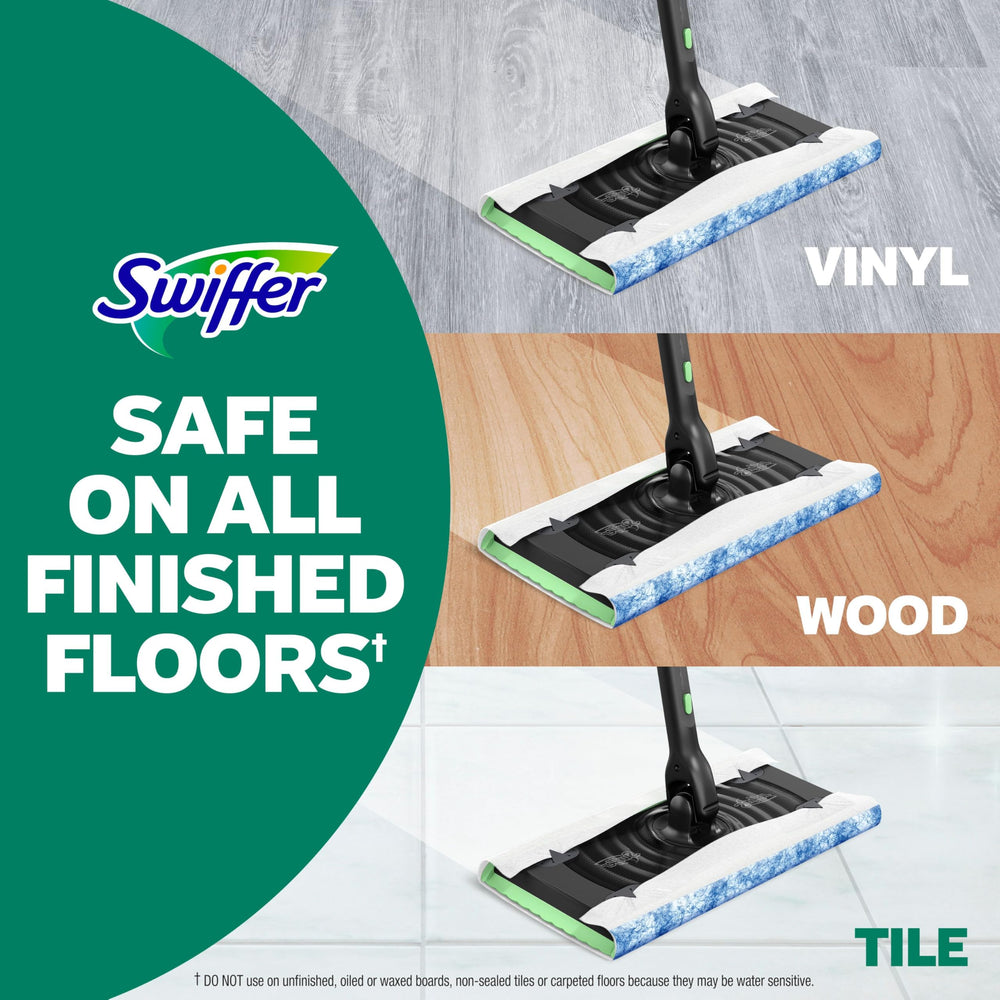 Swiffer Wet Mop Cloth close-up shows scrubbing strip lifting grime from floors.
