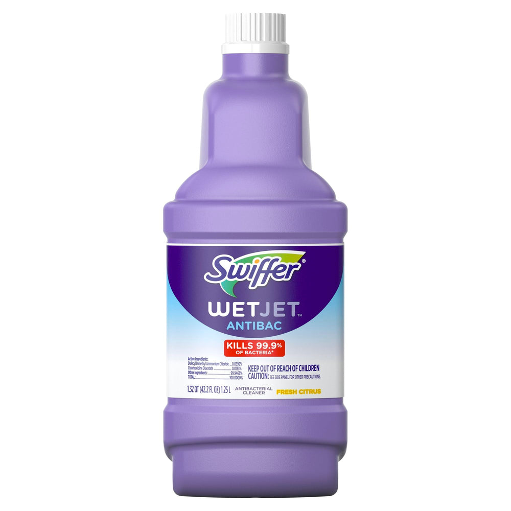 Swiffer WetJet antibacterial solution bottle ready to kill bacteria on hard surfaces