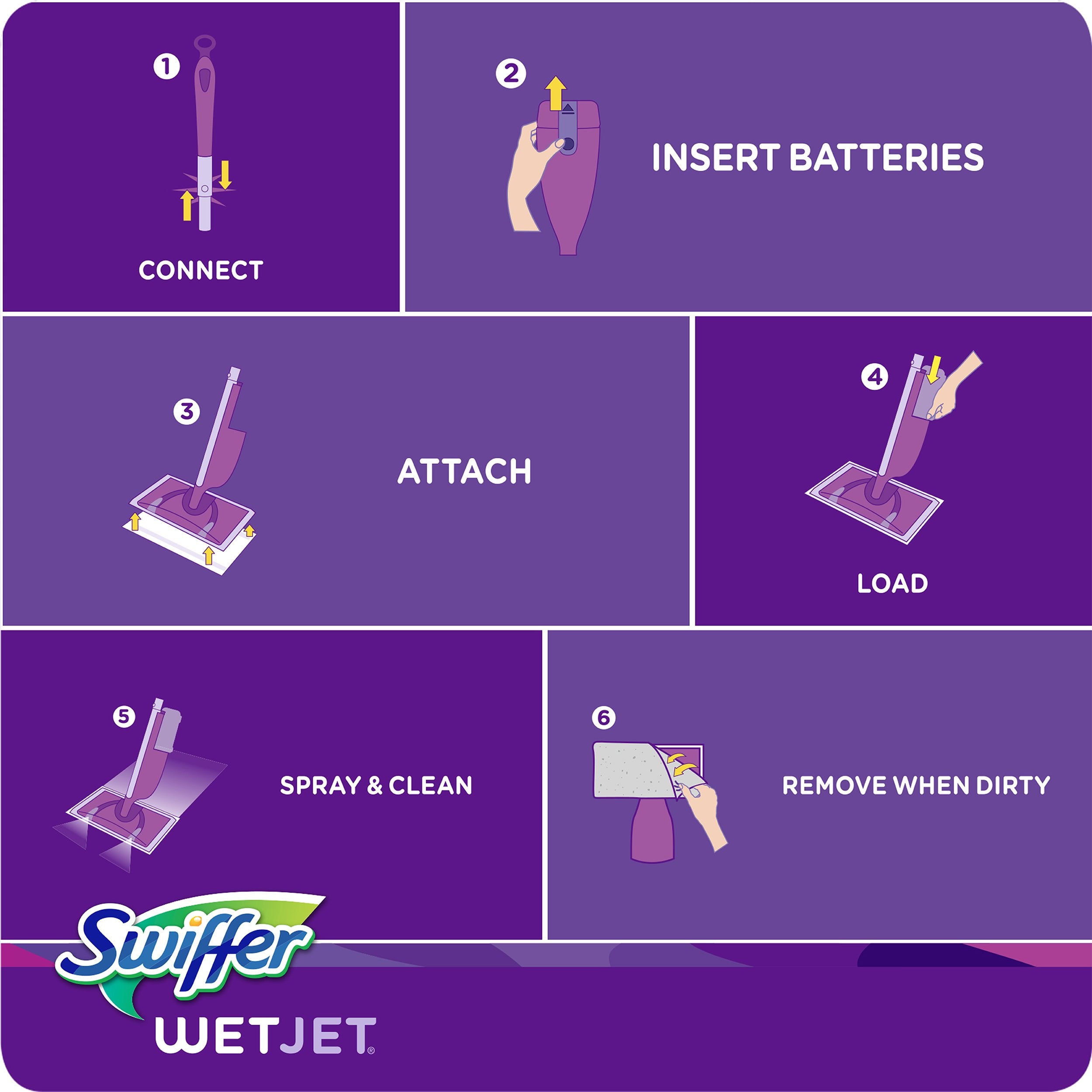 Swiffer WetJet multi-surface-use image depicts wood, laminate, and tile cleaning.