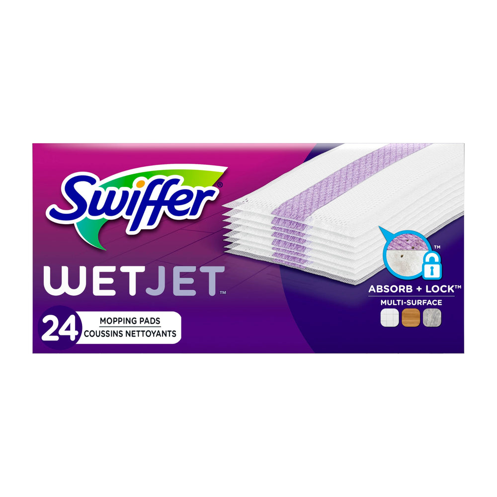 Swiffer WetJet pad refill with absorb strip traps dirt deep inside.