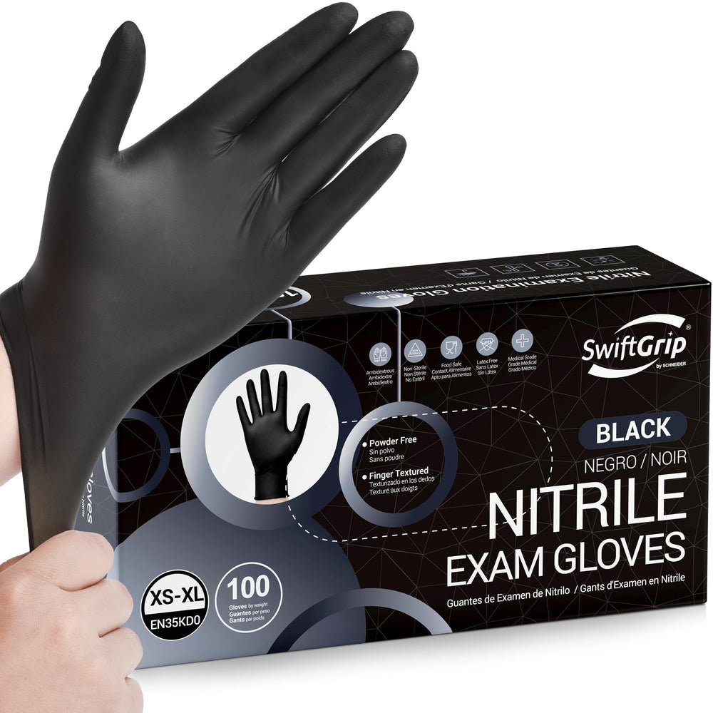 SwiftGrip Black Nitrile Gloves in pack XL provide durable protection and precise touch for exams