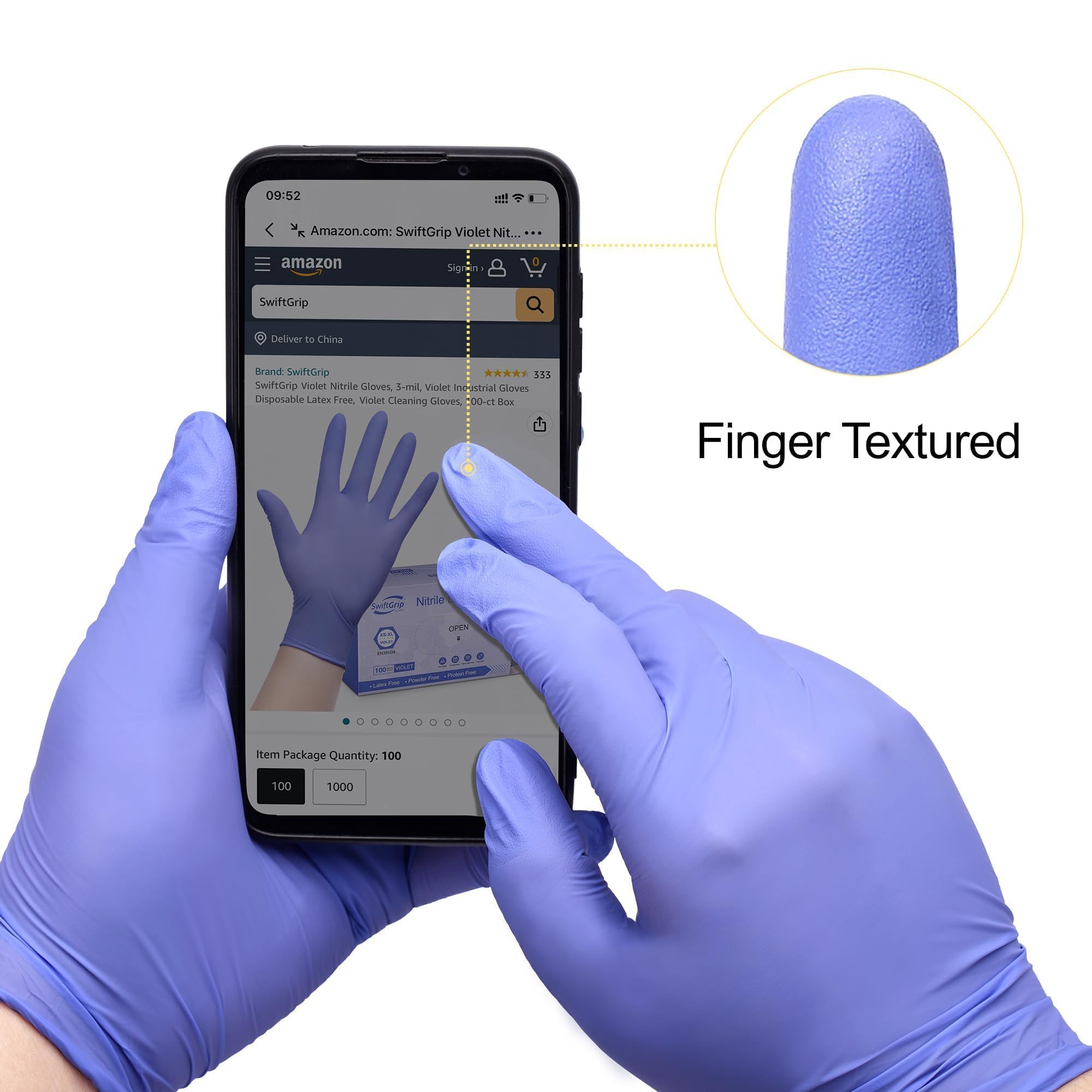 SwiftGrip color-coded sizes, violet gloves in medium to XL for proper fit.